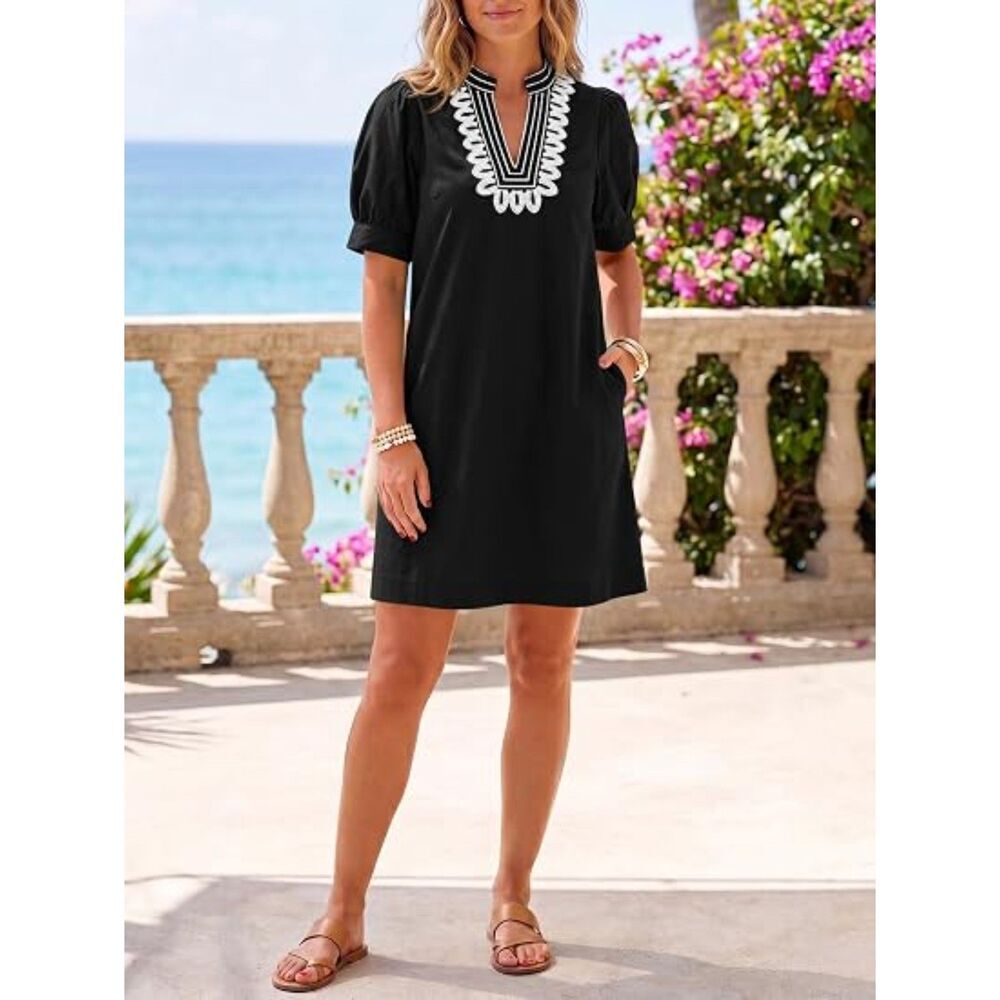 Women's Green V Neck A Line Short Sleeve A Line Embroidered Boho Short Dress - Picture 4 of 5